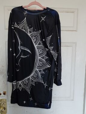 Women's Black Midi Dress with White Moon & Mandala Print